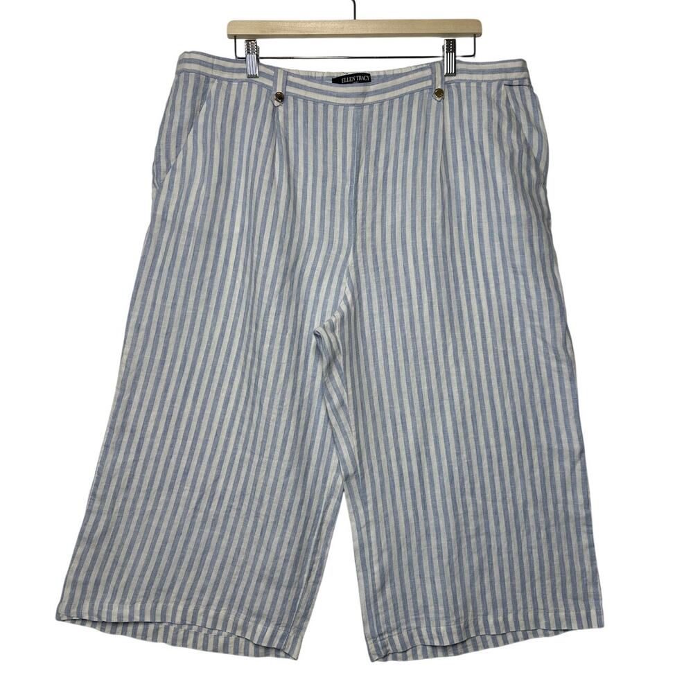 Ellen Tracy Linen Wide Leg Cropped Capri Pants Stripes Size XL Nautical Beachy